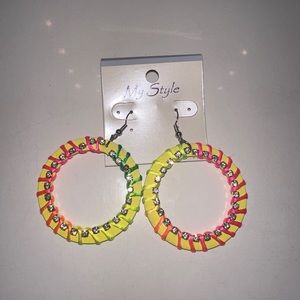 Yellow Earrings wrapped with yellow, pink, and green yarn